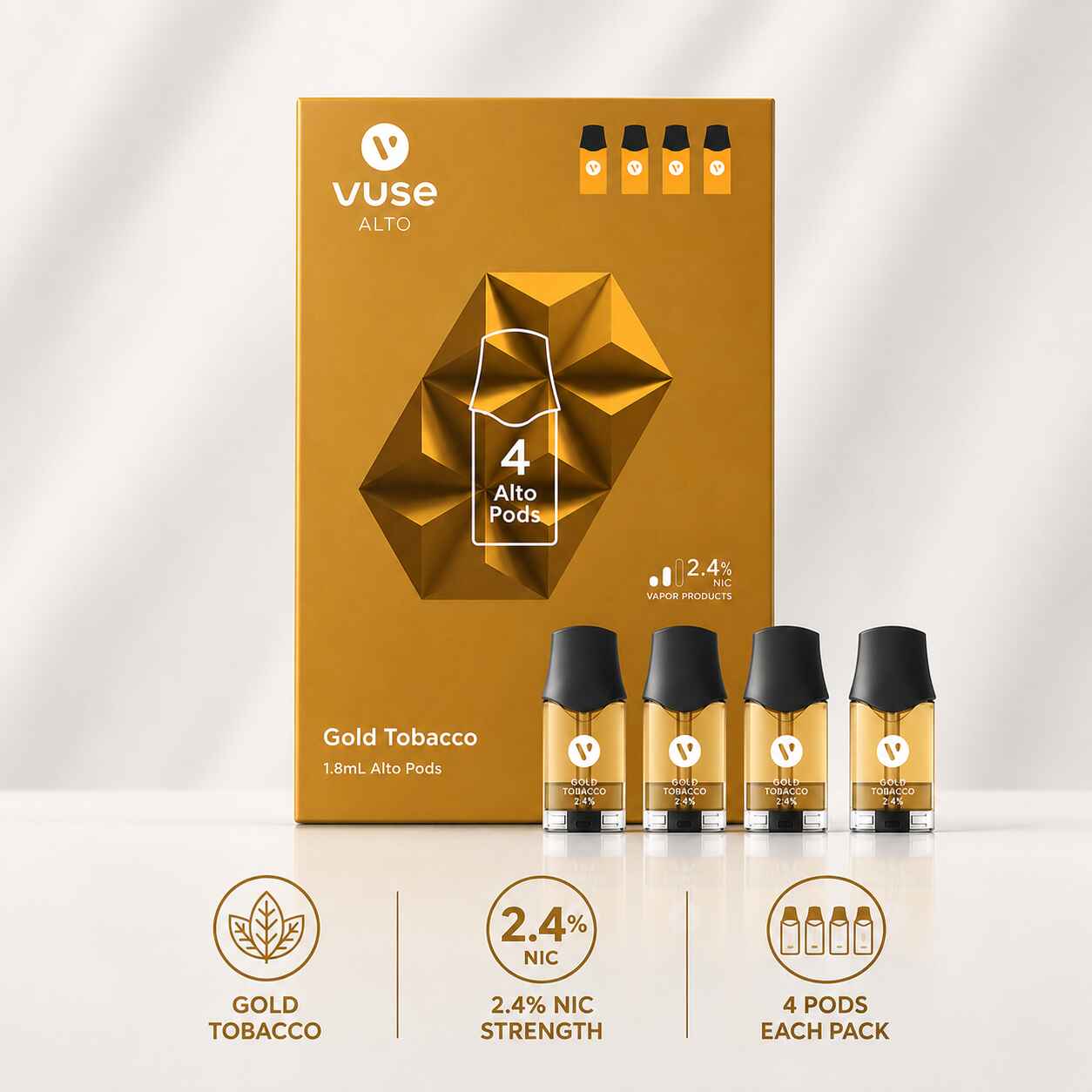 Vuse Alto Gold Tobacco 2.4% 4 Pods - 5pk