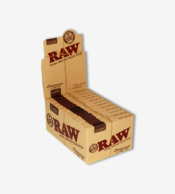 RAW Classic Connoisseur 1 1/4 Rolling Paper w/ Pre-Rolled Tips - 24 Count Box