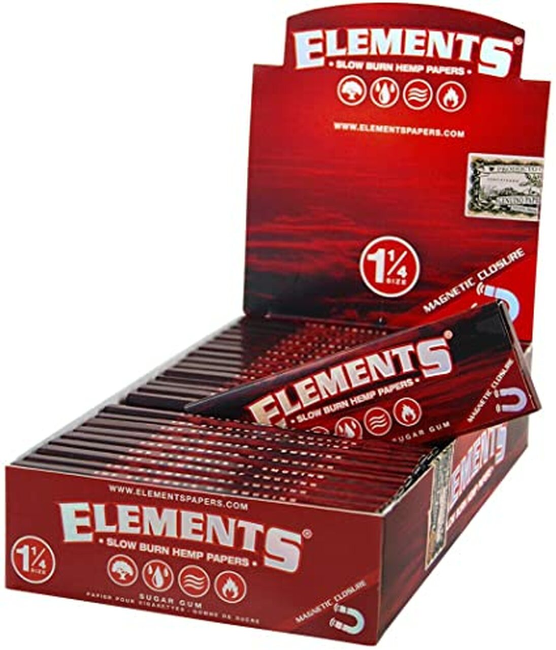Elements Red Hemp Rolling Papers 1¼ Size - 25 Booklets
