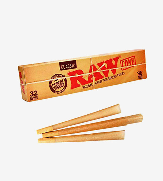 Raw Classic Natural Unrefined King Size Pre-Rolled Rolling Paper Cones, 32 Per Pack